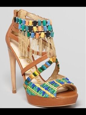 Sam Edelman Blakely Tribal Embroidery Bead Gold Brown Leather High Heel 6.5